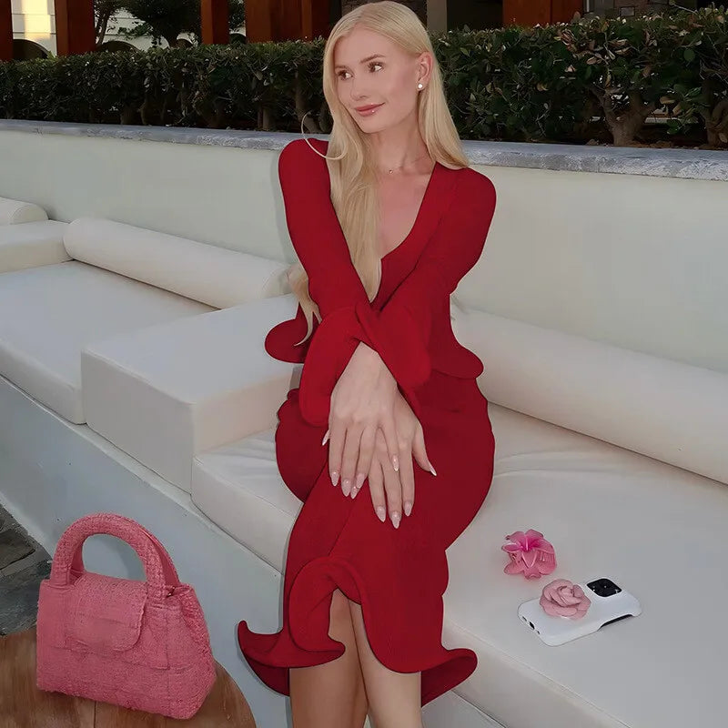 Elegant Sexy Skirt Two Piece Sets Women Autumn New V Neck Long Sleeve T-shirt And Long Skirt Matching Two Piece Sets