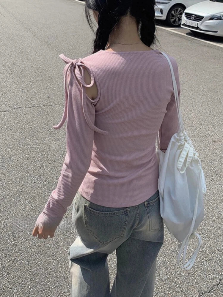 Spring Off-the-shoulder Bandage Tee Shirts Women Y2k Aesthetic Bodycon Solid Simple T-shirt Grunge Sexy Fairy Screw Thread Tops