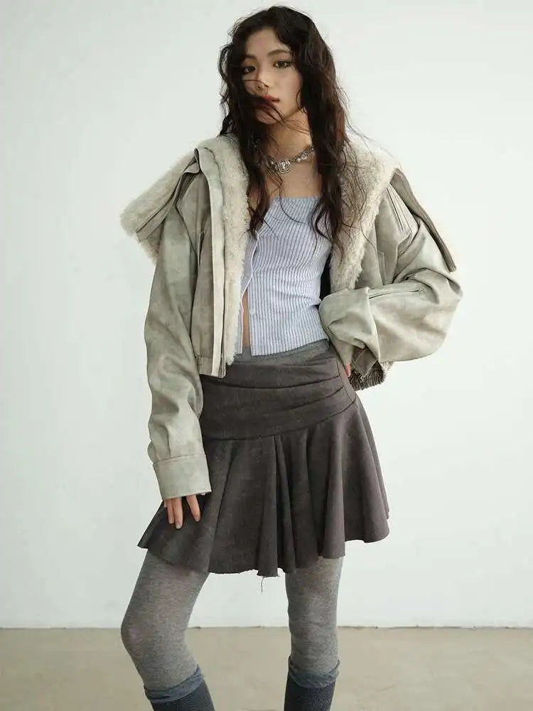 High Waist Gray Vintage Paint Short Irregular Pleated MiniHalf-body Skirt Women Fashion New Spring Autumn 2025 1DH8265