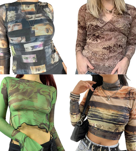 Fairy Grunge Shirt Basic Mesh Print Top Women E Girl Gothic Punk Style T-shirts Tees Clothes Street Tops Womens Clothing