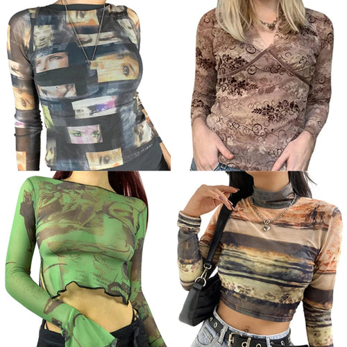 Load image into Gallery viewer, Fairy Grunge Shirt Basic Mesh Print Top Women E Girl Gothic Punk Style T-shirts Tees Clothes Street Tops Womens Clothing
