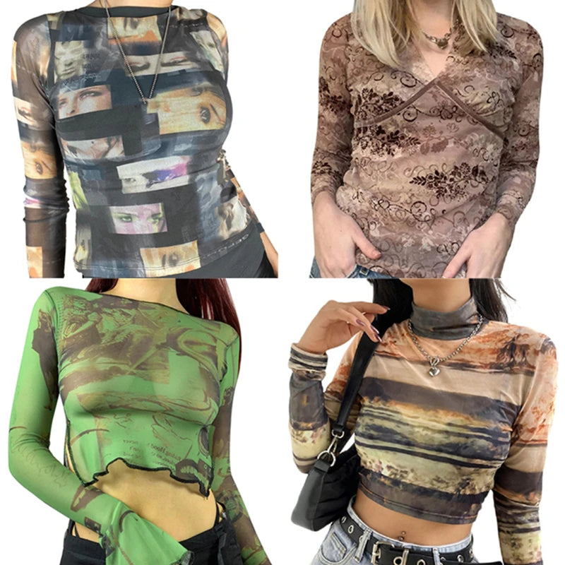 Fairy Grunge Shirt Basic Mesh Print Top Women E Girl Gothic Punk Style T-shirts Tees Clothes Street Tops Womens Clothing