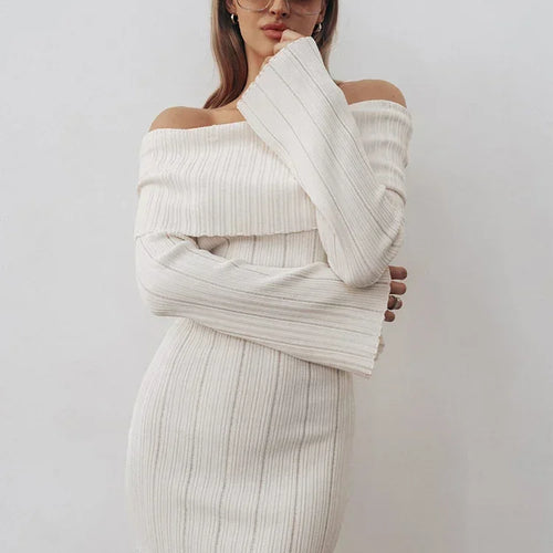 Load image into Gallery viewer, Sexy Off Shoulder Women Knitted Dress White Backless Long Sleeve Dress Female Autumn Skinny Elegant Party Clubwear
