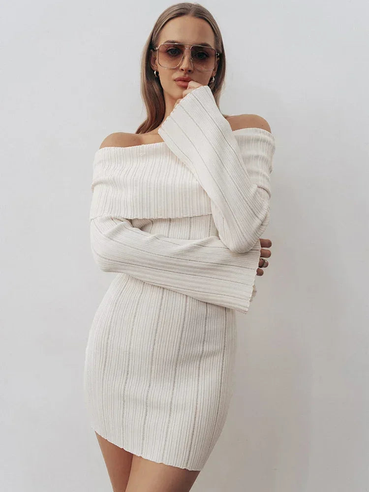 Sexy Off Shoulder Women Knitted Dress White Backless Long Sleeve Dress Female Autumn Skinny Elegant Party Clubwear