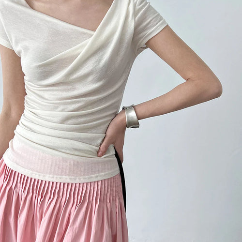 Load image into Gallery viewer, Women Black Irregular Pleated Elegant T-shirt New Skew Collar Short Sleeve Fashion Tide Spring Summer 2025 1DJ1908
