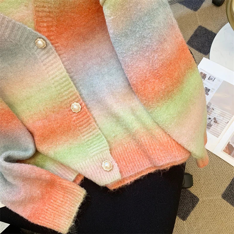 Autumn Winter French Retro Rainbow Colorblock Elegant Knitted Cardigan Tops Women V Neck Single Breasted Long Sleeve Sweater New