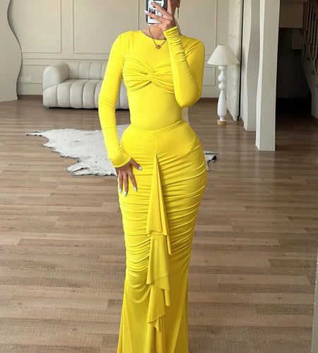 Elegant Long Sleeved Elastic Tight Pleated Party Club Evening Dress Women Fashion Maxi Vestido Autumn Winter New Female