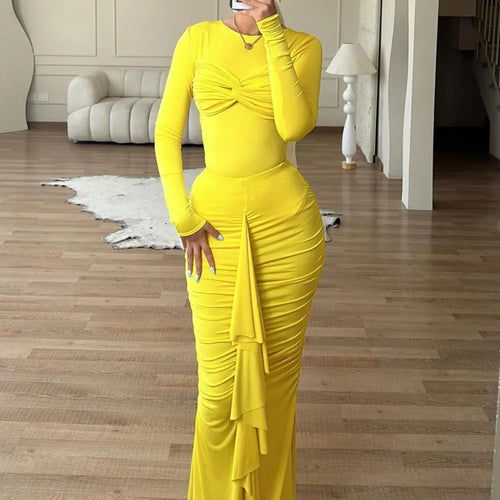 Load image into Gallery viewer, Elegant Long Sleeved Elastic Tight Pleated Party Club Evening Dress Women Fashion Maxi Vestido Autumn Winter New Female
