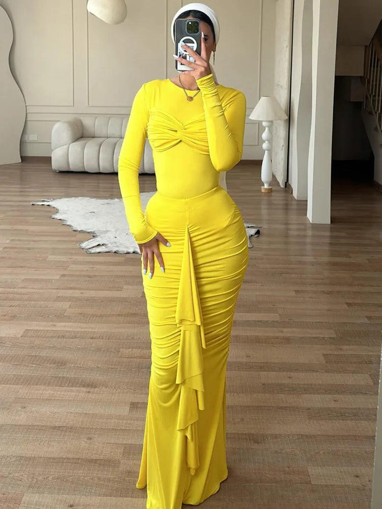 Elegant Long Sleeved Elastic Tight Pleated Party Club Evening Dress Women Fashion Maxi Vestido Autumn Winter New Female