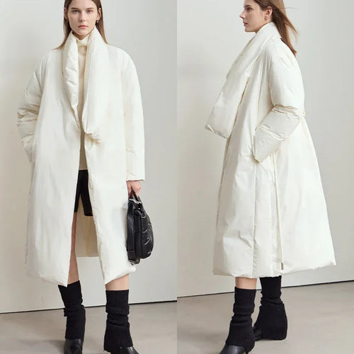 Minimalist Thick Down Jackets Woman 2025 Winter New Scarf Collar Embroidered Long Sleeve Down Coat Warm Loose Coat 12444110