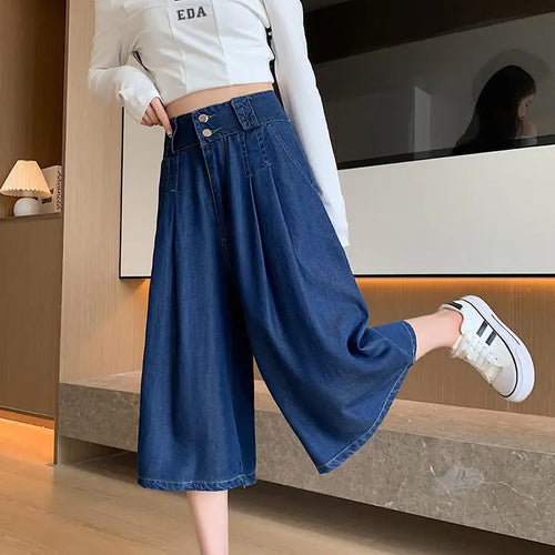 Load image into Gallery viewer, Retro Blue High Waisted Wide Leg Pleated Jeans Women's Spring Summer Loose Straight Seven Point Denim Pants Streetwear Fashion
