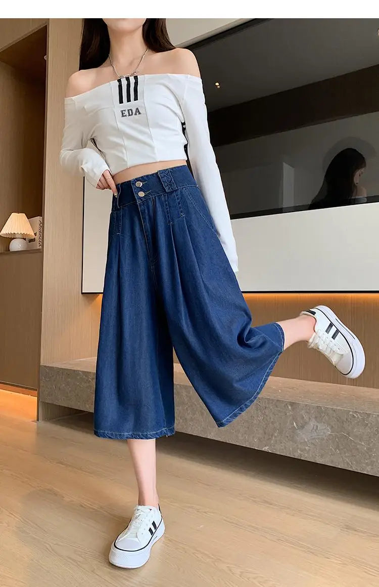 Retro Blue High Waisted Wide Leg Pleated Jeans Women's Spring Summer Loose Straight Seven Point Denim Pants Streetwear Fashion