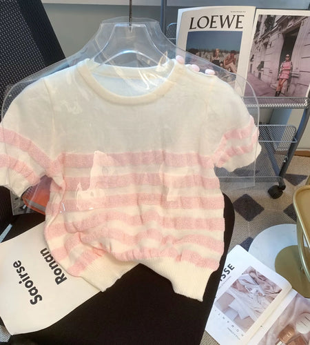 Vintage Sweet Stripe Patchwork Knitted T-shirt Women's Summer Fashion All-matched O- Neck Short Sleeve Slim Tops Popular Fashion