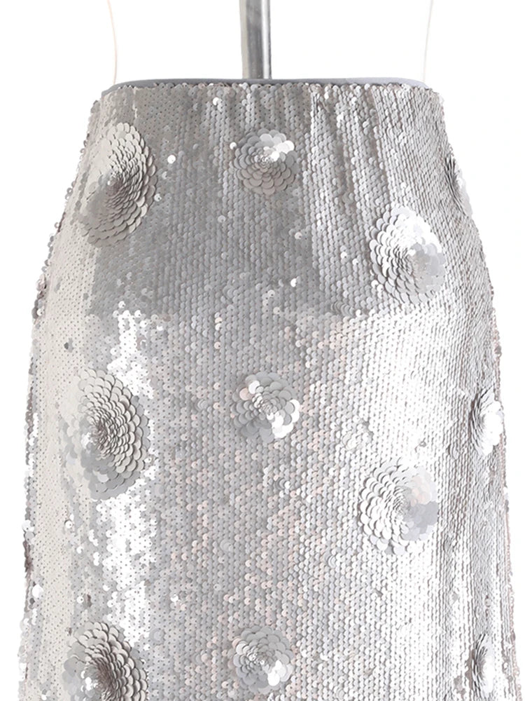 High Waist Silver Color Sequins Flower Elegant Long Half-body Skirt Women Fashion Tide New Spring Autumn 2025 1DH9955