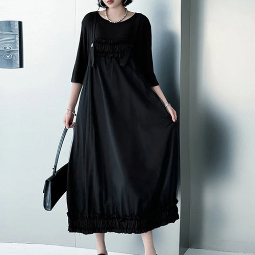 Load image into Gallery viewer, Women Black Ruffles Spliced Big Size Strap Dress New Square Collar Sleeveless Fashion Tide Spring Autumn 2025 1DJ1157
