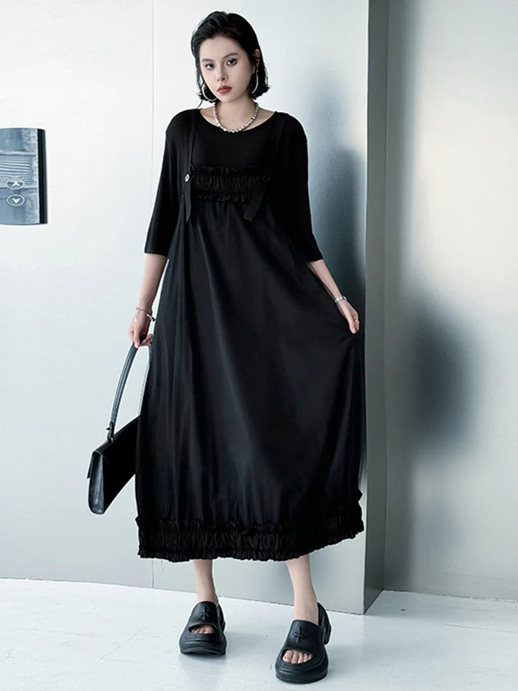 Women Black Ruffles Spliced Big Size Strap Dress New Square Collar Sleeveless Fashion Tide Spring Autumn 2025 1DJ1157