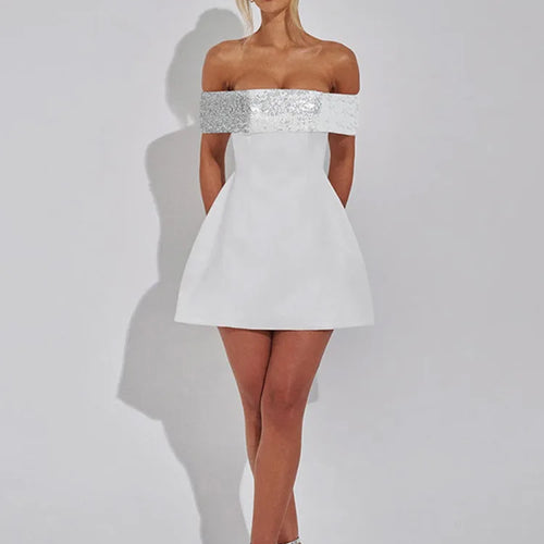 Load image into Gallery viewer, Off-shoulder Sequins Strapless Sexy Mini Dress Women Fashion Sleeveless Backless Sparkle High Waist Club Sexy Dress
