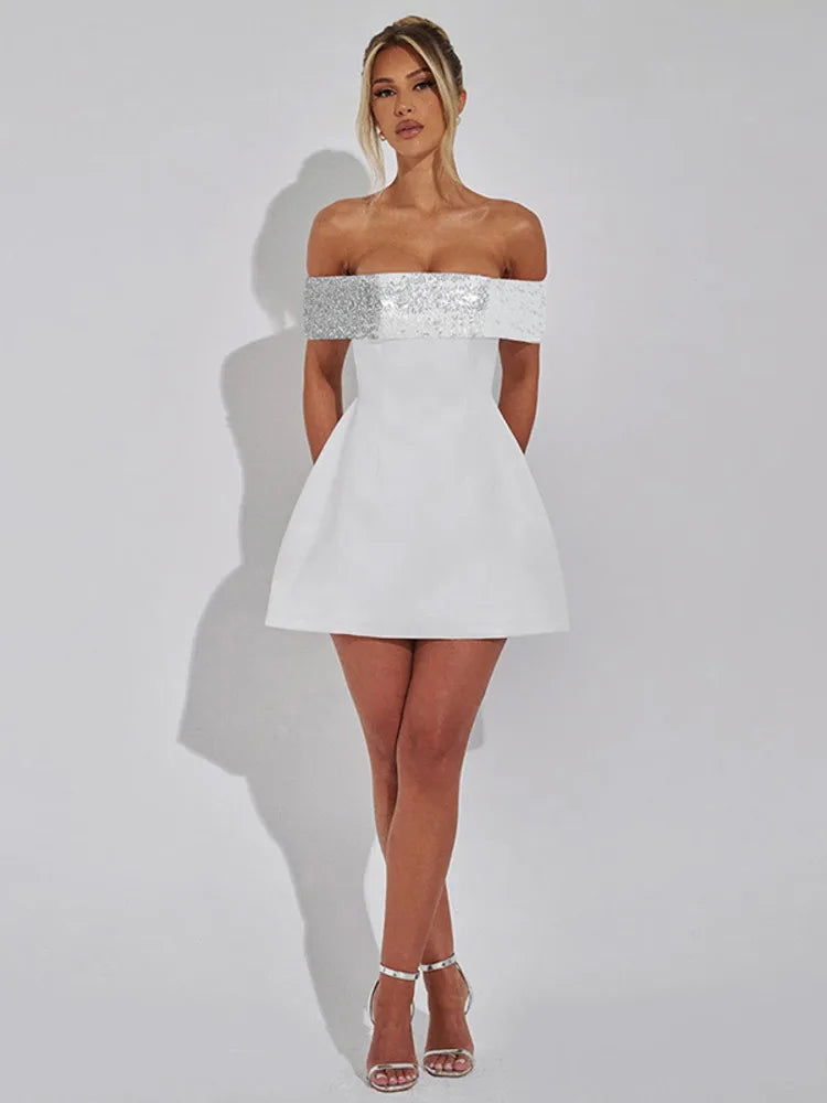 Off-shoulder Sequins Strapless Sexy Mini Dress Women Fashion Sleeveless Backless Sparkle High Waist Club Sexy Dress