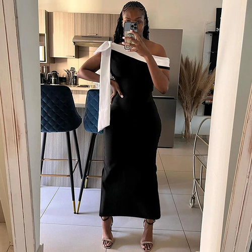 Load image into Gallery viewer, Sleeveless Ribbon Off-shoulder Solid Sexy Autumn Winter Maxi Dress For Women High Waist Bow Bodycon Party Long Dress
