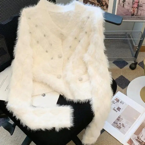Load image into Gallery viewer, Autumn Winter French White Diamond Elegant Knitted Cardigan Tops Women's Pink V Neck Single Breasted Long Sleeve Mohair Sweater
