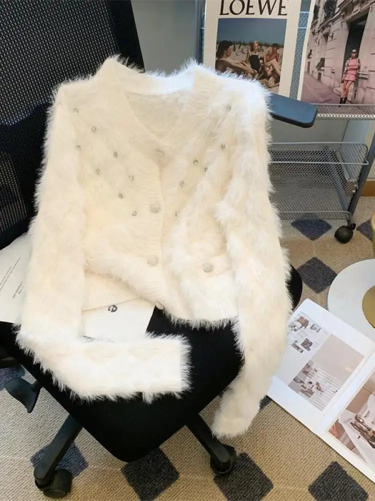 Autumn Winter French White Diamond Elegant Knitted Cardigan Tops Women's Pink V Neck Single Breasted Long Sleeve Mohair Sweater