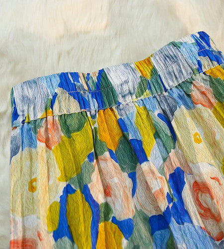 New Summer Floral Skirts For Women Korean Style A-line Pleated Long Skirts Vintage Elastic High Waist Female Skirt 2023