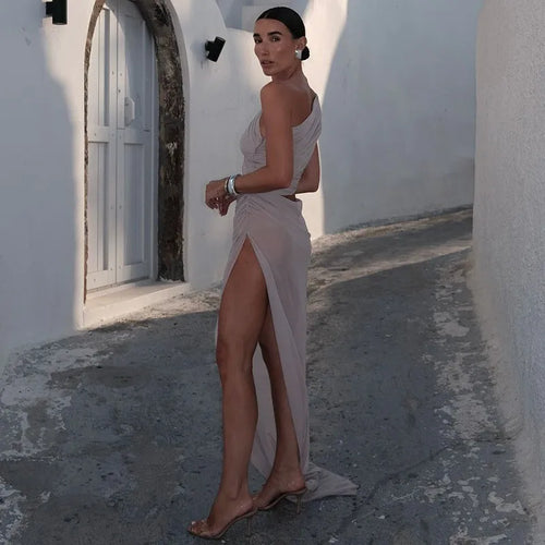 Load image into Gallery viewer, Mesh Hollow Out Backless Sexy Maxi Dress For Women Fashion One Sleeveless See Through Ruched Bodycon Club Long Dress
