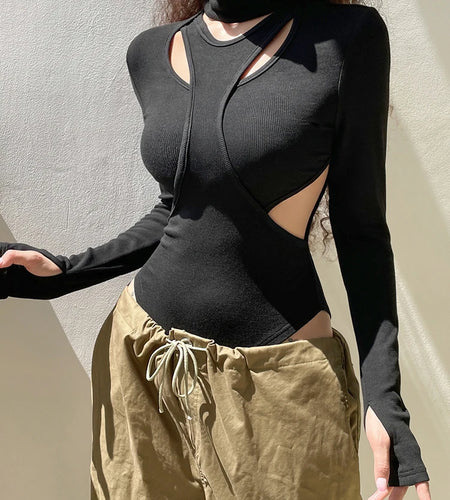 Fashion Black Halter Neck Bodycon Autumn Bodysuit Tops Cut Out Women's Body Sexy Leotard Ribbed Knit Party Jumpsuits