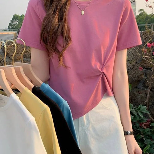 Load image into Gallery viewer, Y2K Irregular T-shirt Women Summer Skinny T Shirt Femme Solid Short Sleeve Korean Kpop Slim O-Neck Tshirt Woman Clothes Top
