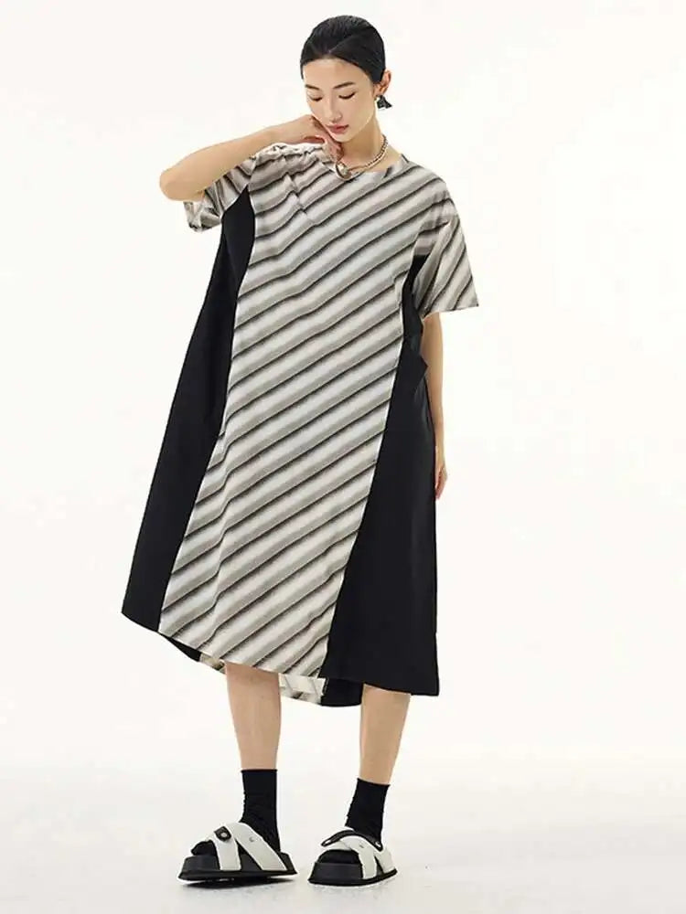Women Purple Striped Color-block Big Size Dress New Round Neck Short Sleeve Fashion Tide Spring Summer 2025 1DH5420