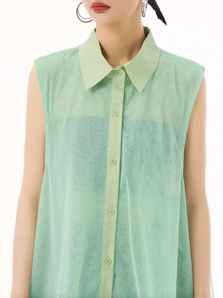 Women Black Layers Mesh Big Size Midi Vest Shirt Dress New Lapel Sleeveless Fashion Tide Spring Summer 2025 1DH9472