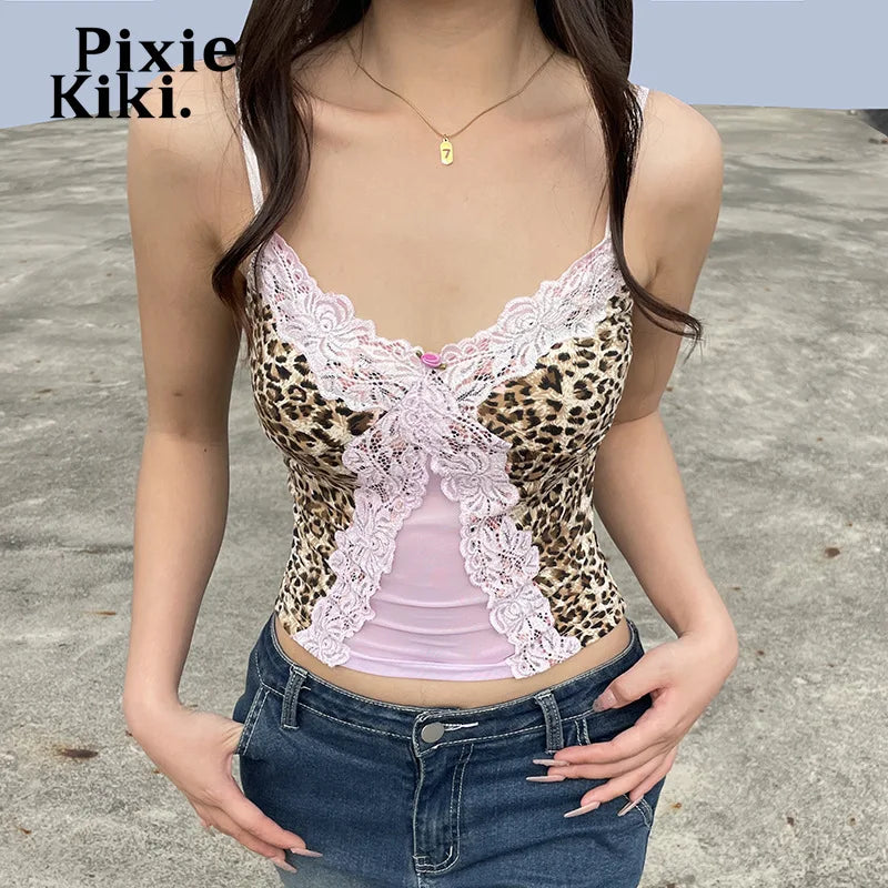 Sexy Leopard Print Lace Trim Crop Tops Aesthetics Y2k 2000s Vintage Clothes Women Tanks & Camis Summer 2024 P67-CZ10