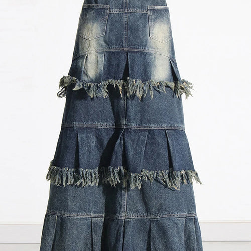 Load image into Gallery viewer, Patchwork Tassel Skirts For Women High Waist Loose Casual Hit Color Denim A Line Skirt Female Fashion Clothing
