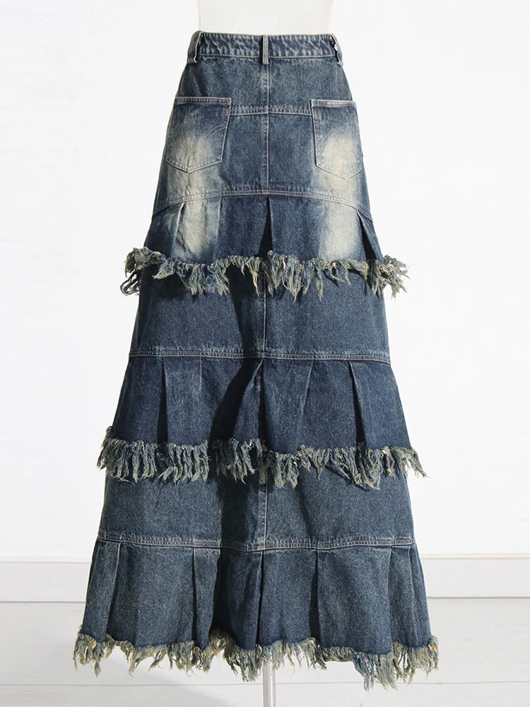 Patchwork Tassel Skirts For Women High Waist Loose Casual Hit Color Denim A Line Skirt Female Fashion Clothing