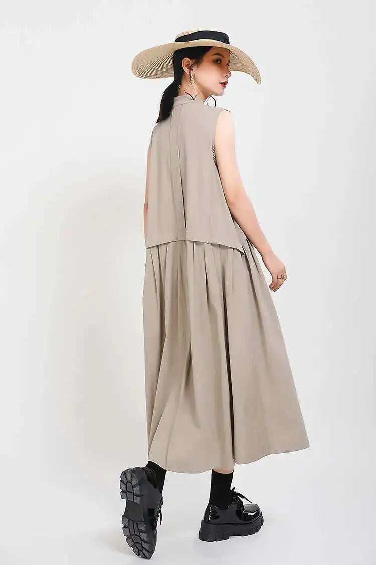 Women Khaki Split Pleated Long  Dress New Stand Collar Sleeveless Loose Fit Fashion Tide Spring Summer 2025 1Y353