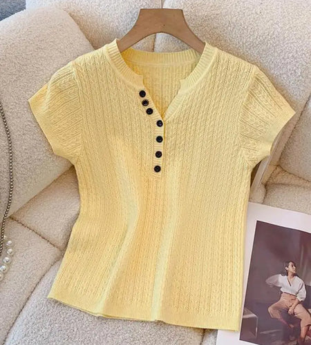 Summer Fashion 2025 New Solid Round Neck Single Breasted Knit T Shirt Women Slim Short Sleeves Festival Tops Simplicity Clothing