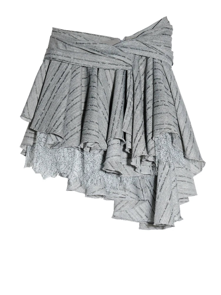Low Waist Gray Lace Irregular Spliced Pleated Mini Half-body Skirt Women Fashion Tide New Spring Autumn 2025 1DJ0689