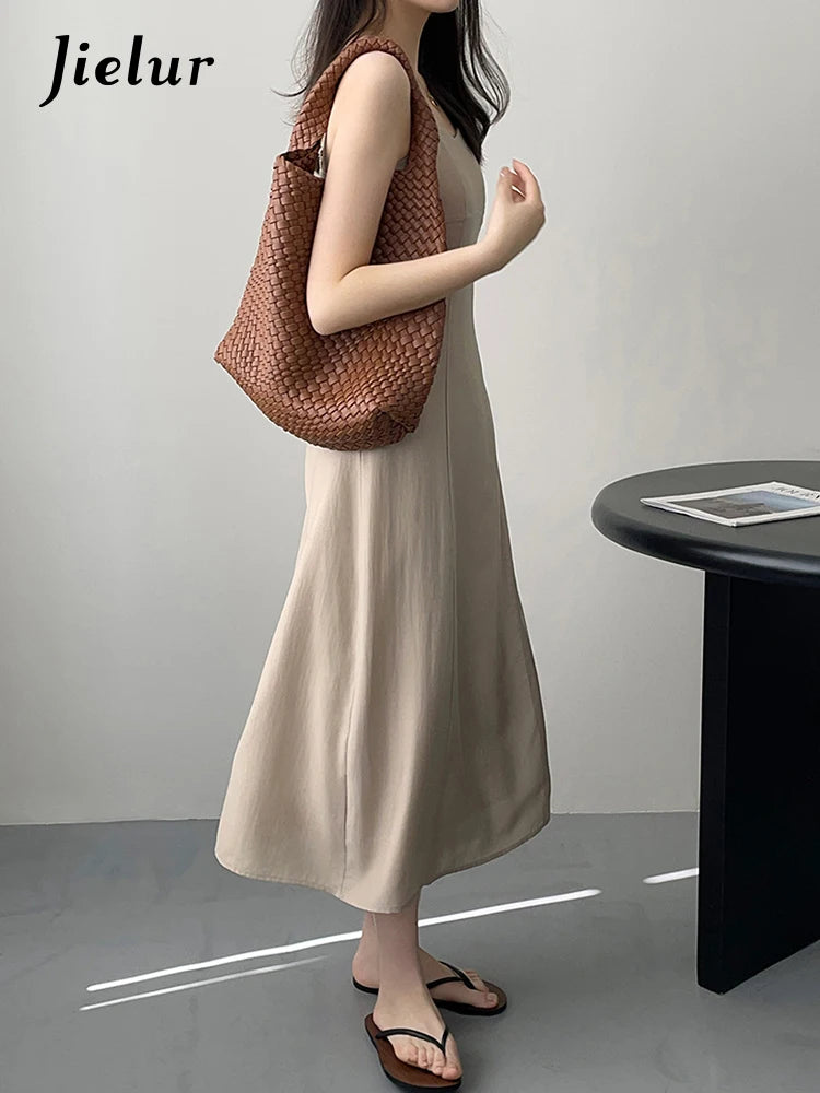 Elegant Summer Midi Dress Women Korean Slim Waist Simple Dresses Ladies Preppy Style Solid Color Sleeveless Dress Female