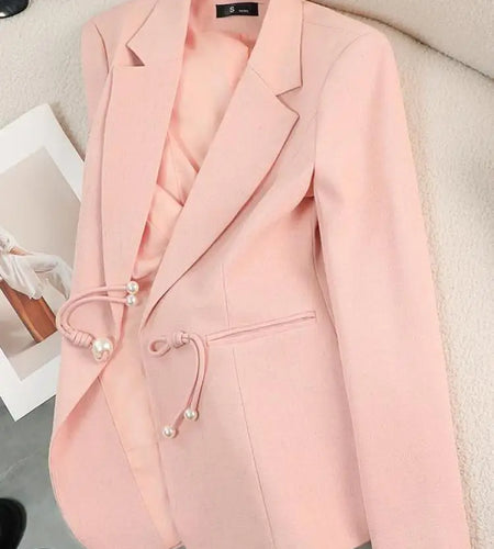 Vintage Women Chinese Style Black Beige Single Button Blazers Coat Autumn Winter Pink Elegant Fashion Professional Festival Tops