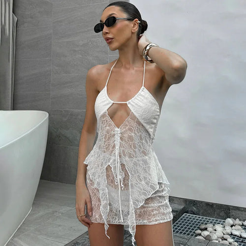 Load image into Gallery viewer, See Through Lace Hollow Out Sexy Two Piece Sets Women Halter Crop Tops And Mini Skirt Female Beach Club Skirt Sets
