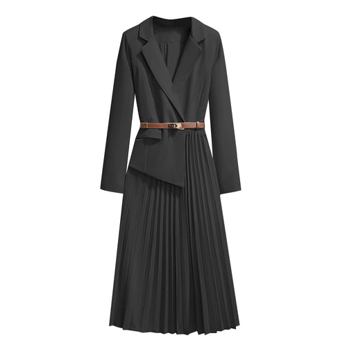 Load image into Gallery viewer, Pleated Dresses For Women Notched Collar Long Sleeve High Waist Spliced Button Elegant Dress Female Fashion Clothes
