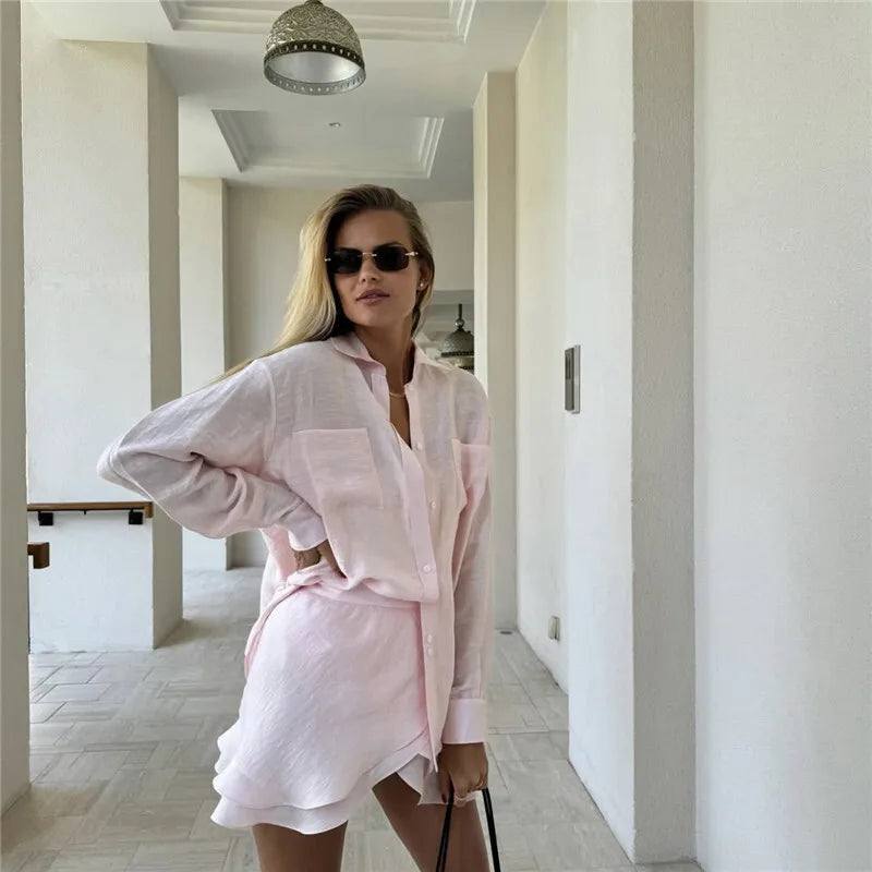 Summer Beach Two Piece Sets Women Long Sleeve Shirt And Mini Skirt Female See Through Loose 2 Piece Set Beachwear