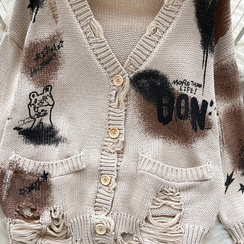 Load image into Gallery viewer, Autumn Winter Women Beige Graffiti Print Loose Long Sleeve Fashion Cardigan Knitted Sweaters Korean Casual Button Hole Tops Chic
