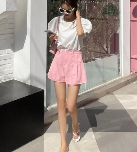 Fashion Summer Women Pink Elegant High Waist Button Wigh Leg Jeans Casual Female Loose Blue Versatile A-line Denim Shorts French