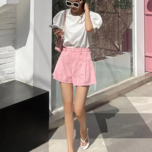 Load image into Gallery viewer, Fashion Summer Women Pink Elegant High Waist Button Wigh Leg Jeans Casual Female Loose Blue Versatile A-line Denim Shorts French
