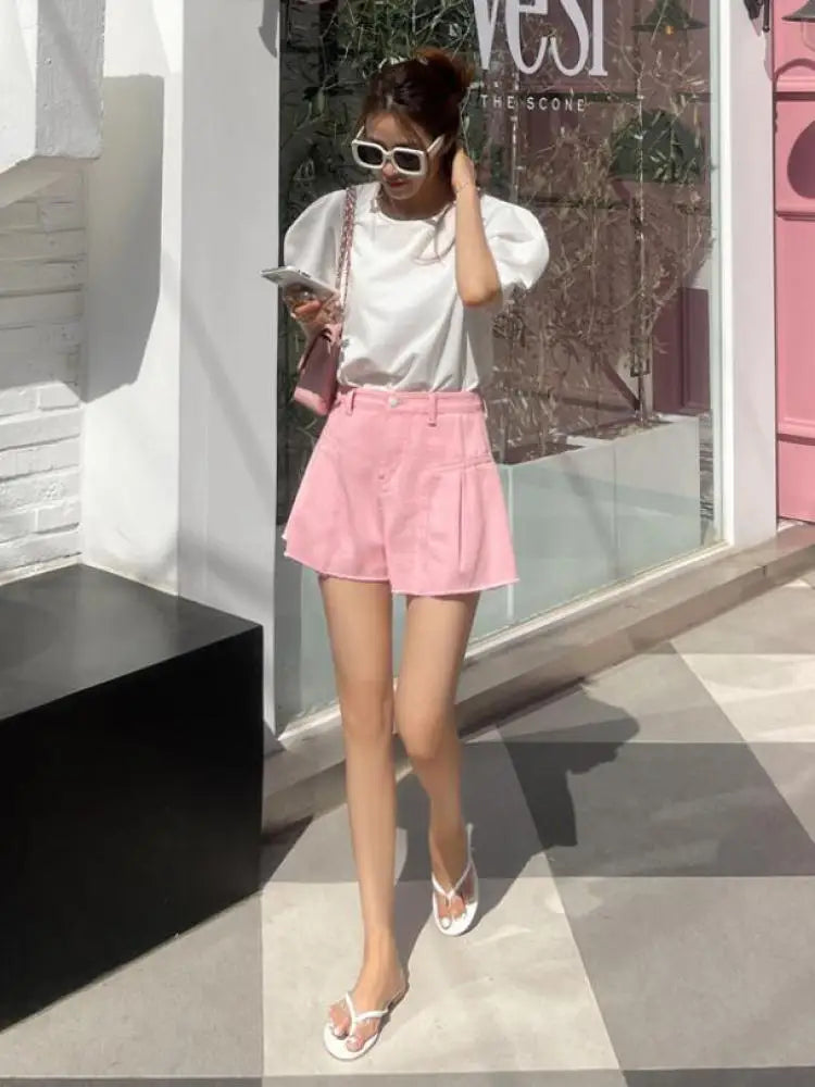 Fashion Summer Women Pink Elegant High Waist Button Wigh Leg Jeans Casual Female Loose Blue Versatile A-line Denim Shorts French