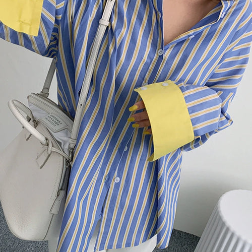 Load image into Gallery viewer, Straight Fashion Shirt For Women Lapel Long Sleeve Striped Colorblock Button Through Blouse Female Clothing Style
