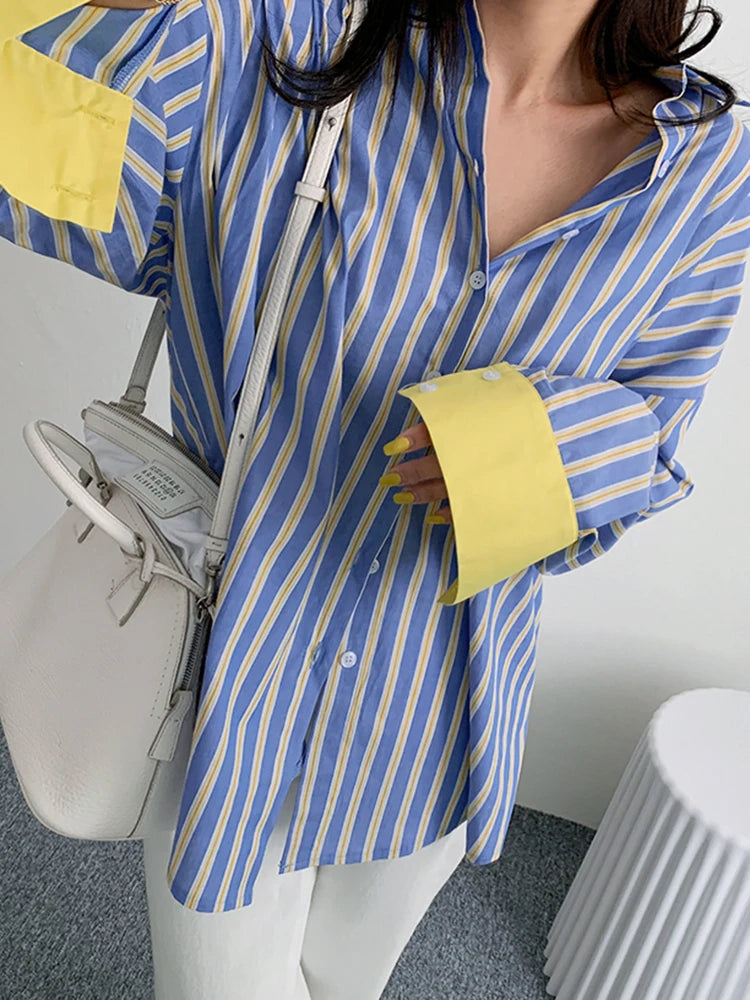 Straight Fashion Shirt For Women Lapel Long Sleeve Striped Colorblock Button Through Blouse Female Clothing Style