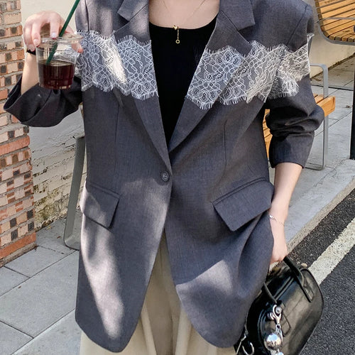 Load image into Gallery viewer, Women Gray Lace Spliced Big Size Elegant Blazer New Lapel Long Sleeve Jacket Fashion Tide Spring Autumn 2025 1DH9712
