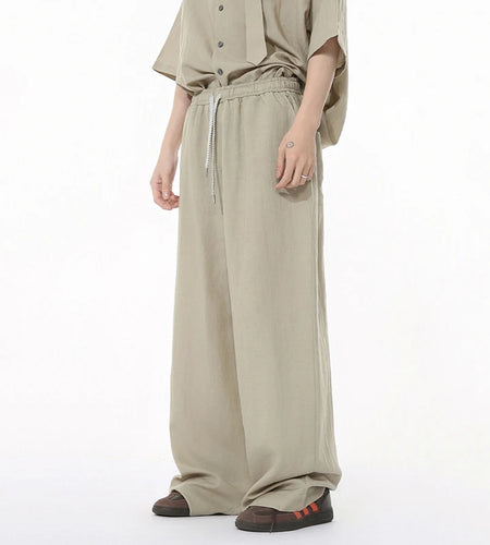 Korean Style Men Two-piece Sets Lapel Solid Color Short Sleeve Single Breasted Shirt Elastic Waist Drawstring Pants 9W1256